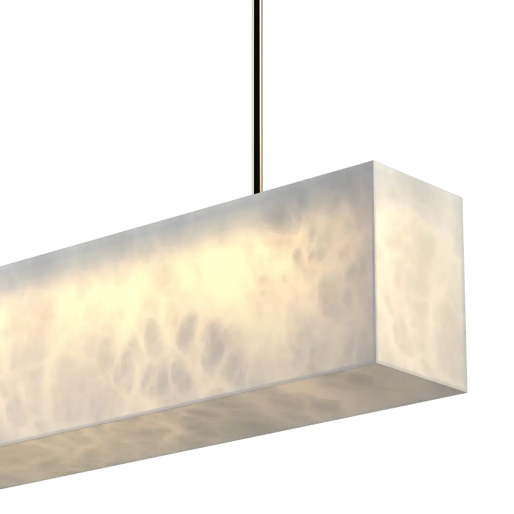 Rectangular pendant light with marble-like finish on a white background