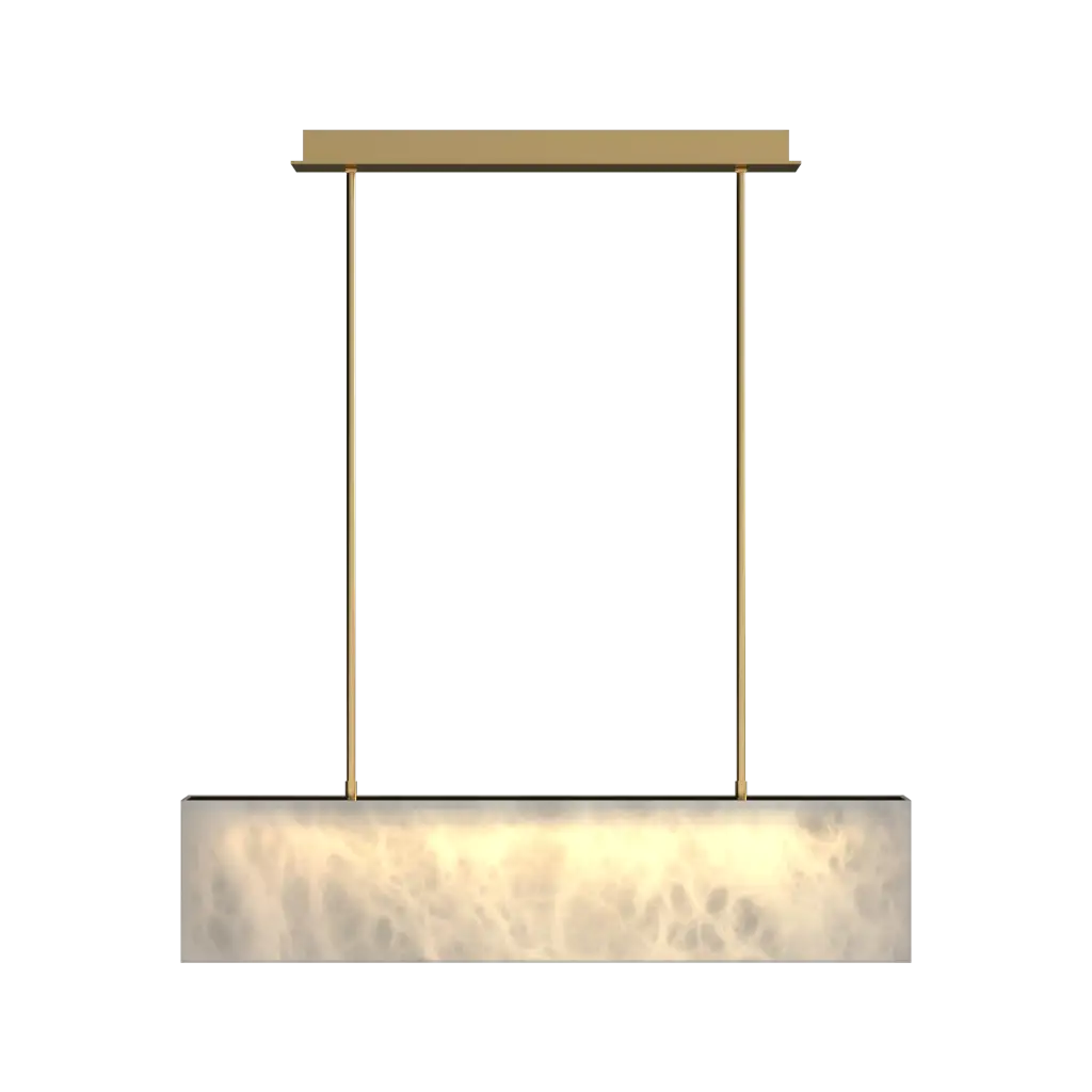 Modern pendant light with marble-like shade and gold fixture on a white background