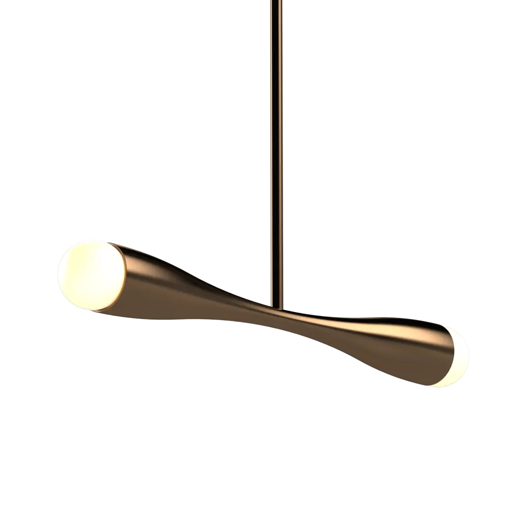 Modern pendant light with a gold finish on a white background