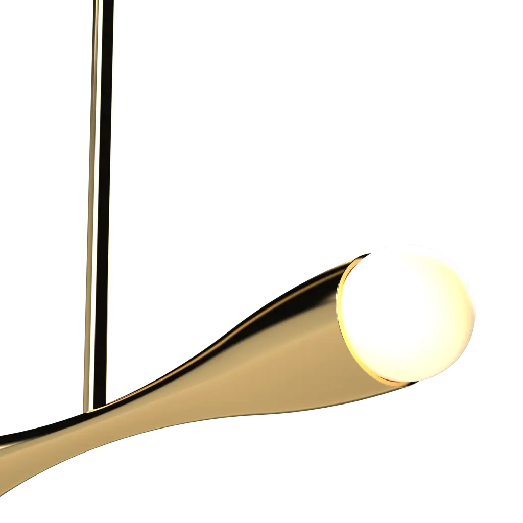Gold pendant light with a white bulb on a white background