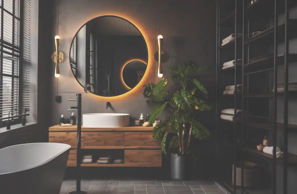 Modern bathroom with round mirror, wooden vanity, and freestanding bathtub.