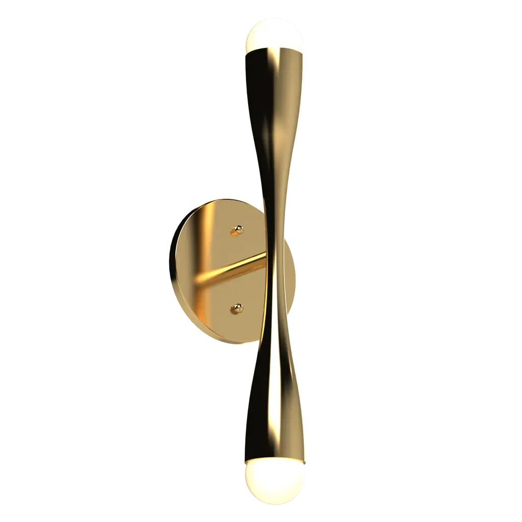 Gold wall sconce with a modern design on a white background