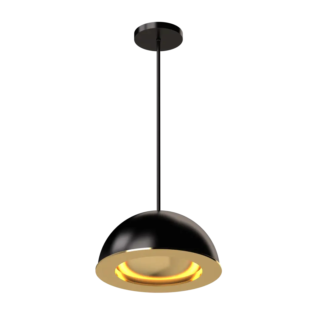 Black pendant light with gold interior on a white background