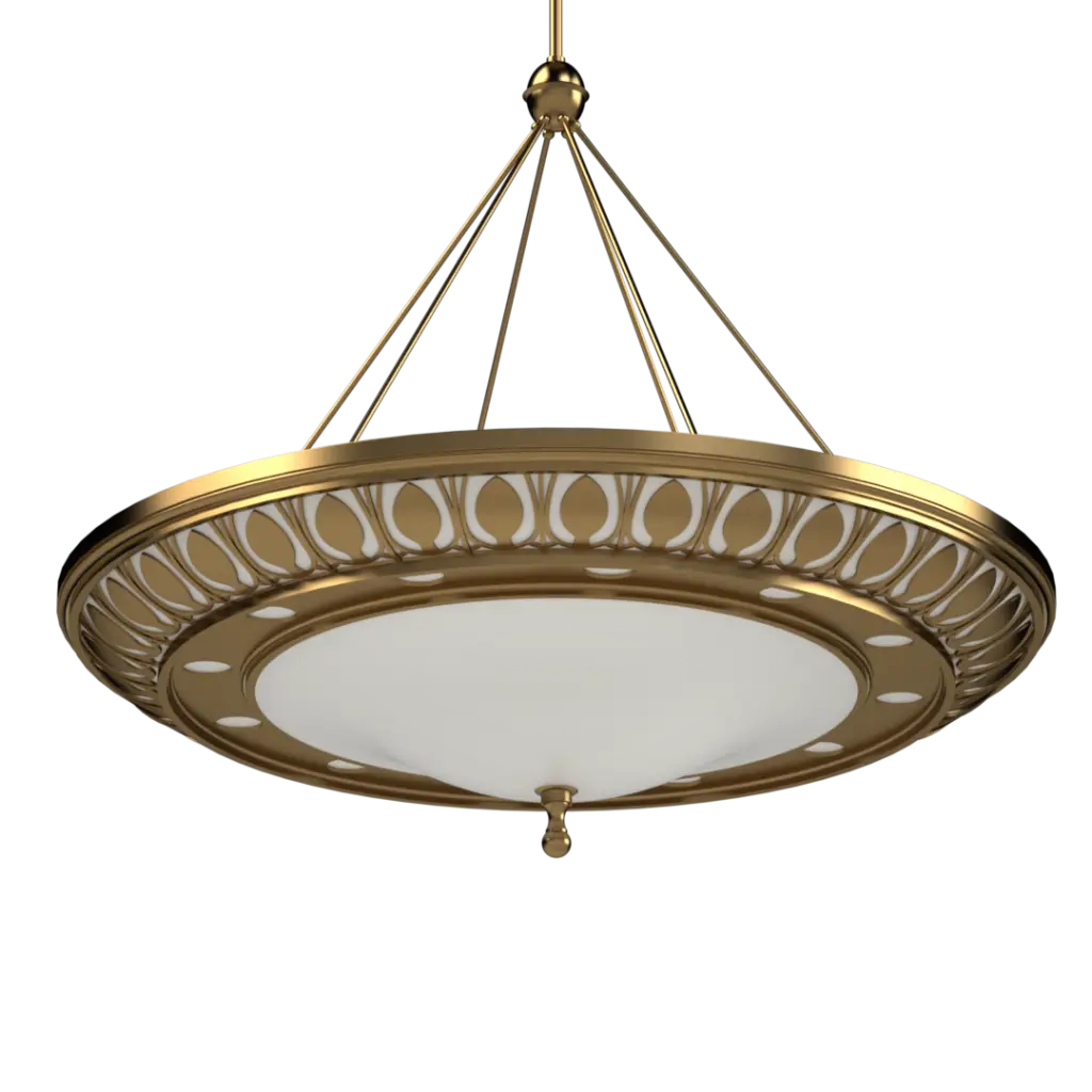 Gold pendant light fixture with intricate design on a white background