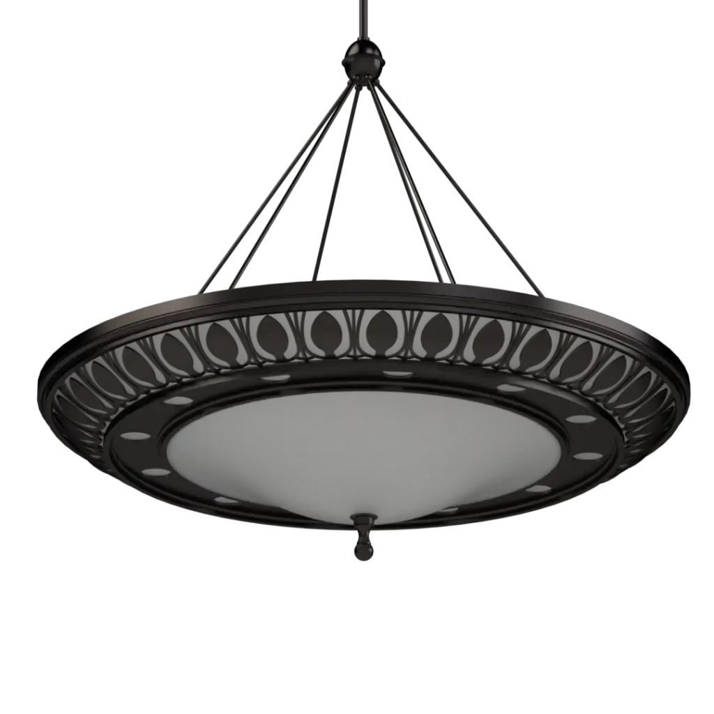 Black pendant light with decorative design on a white background