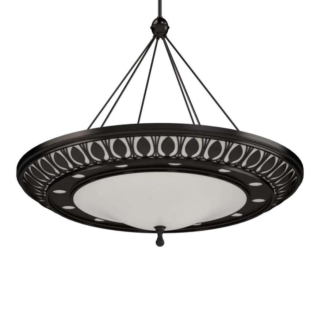Black pendant light with decorative design on a white background