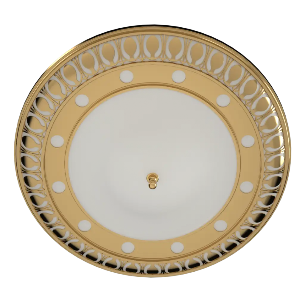 Decorative plate with gold rim and white polka dot pattern on a white background