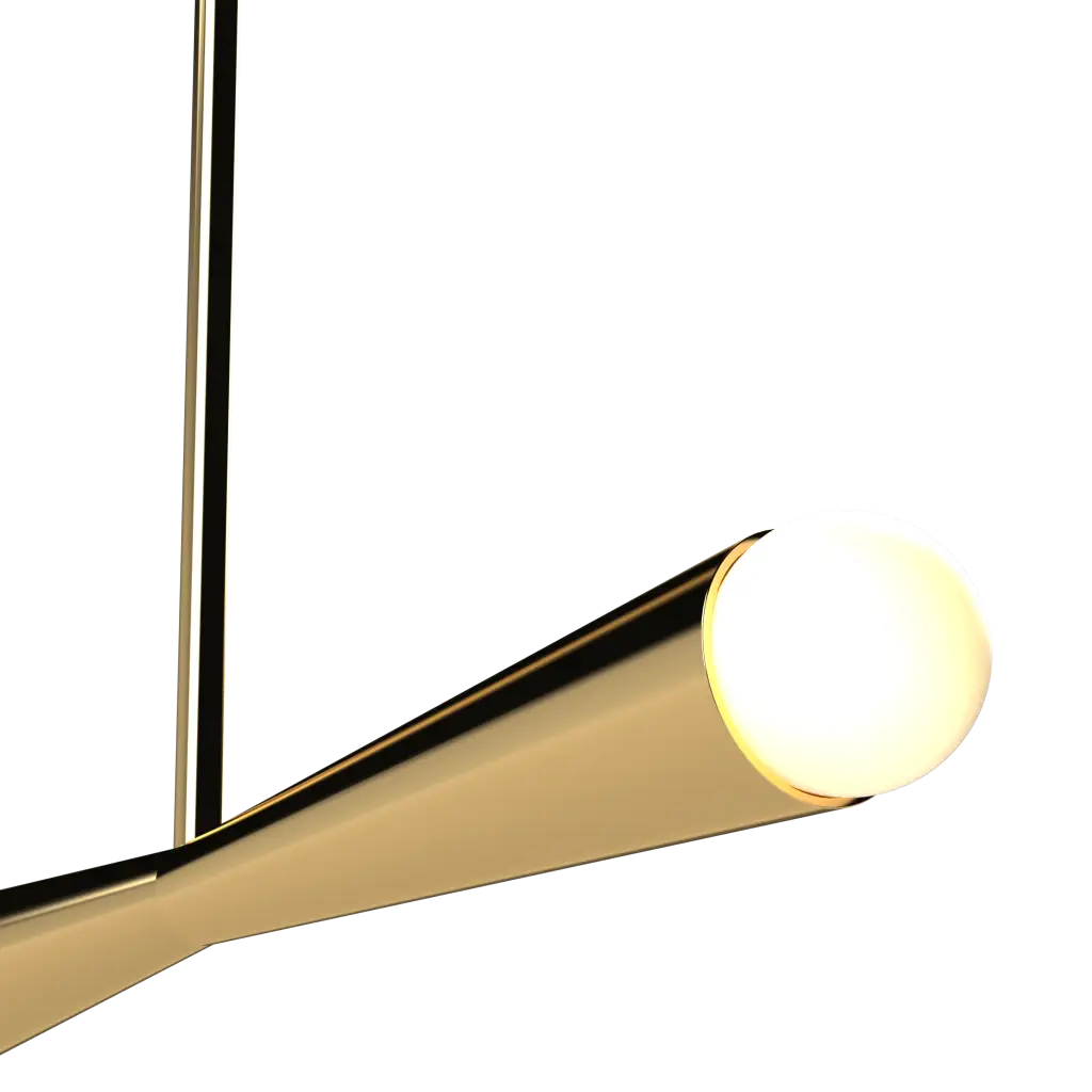 Modern pendant light with gold finish and white bulb on a white background