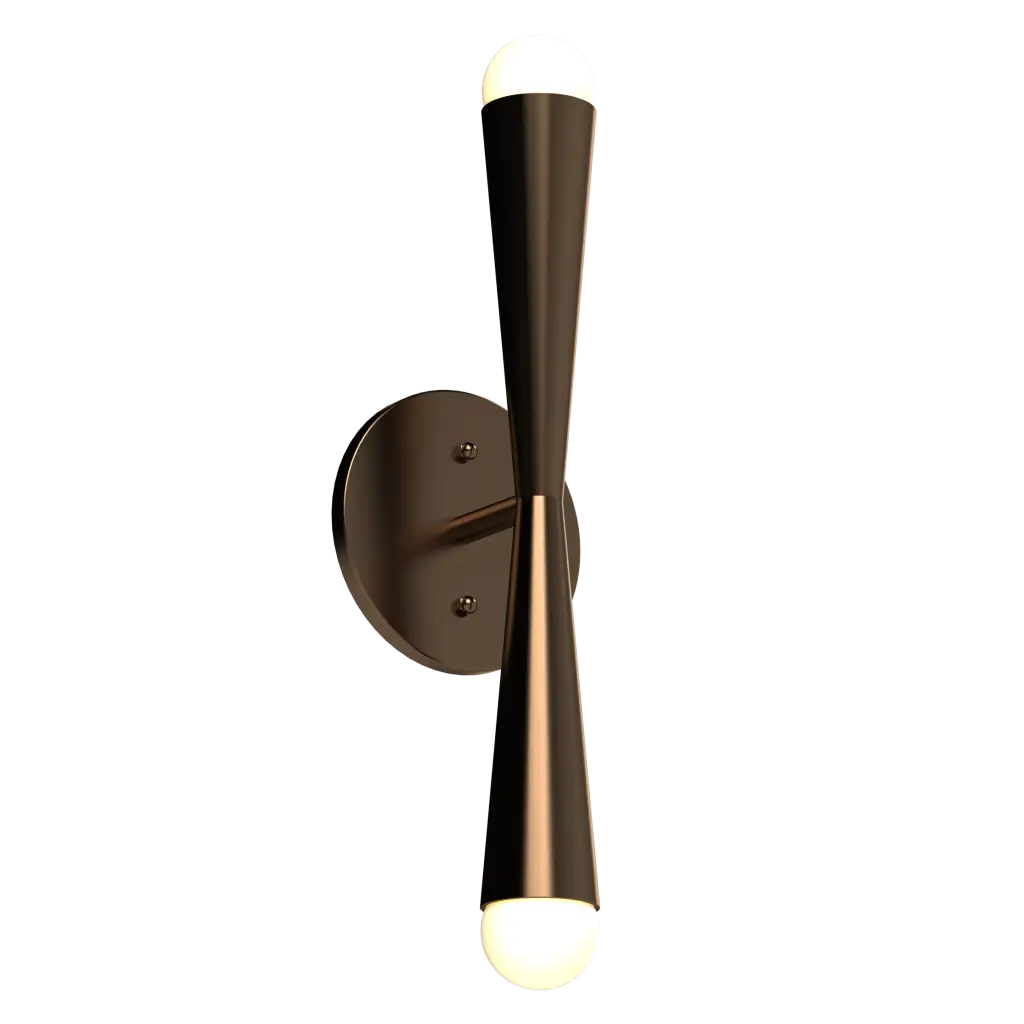 Modern wall sconce with a bronze finish on a white background
