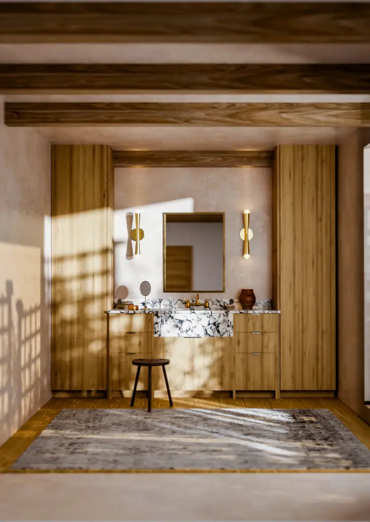 Bathroom with wooden vanity, mirror, and decorative elements.