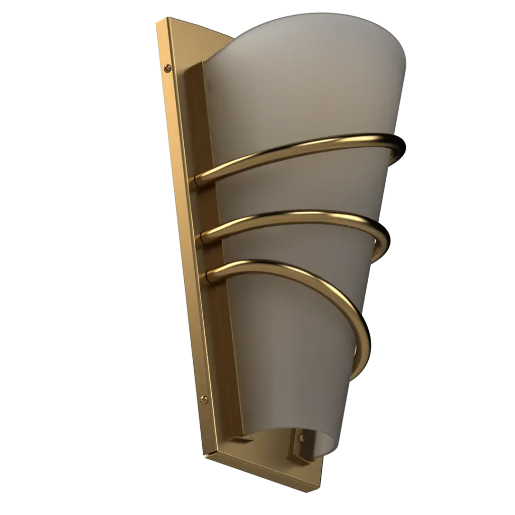 Wall-mounted light fixture with gold frame and white glass on a white background