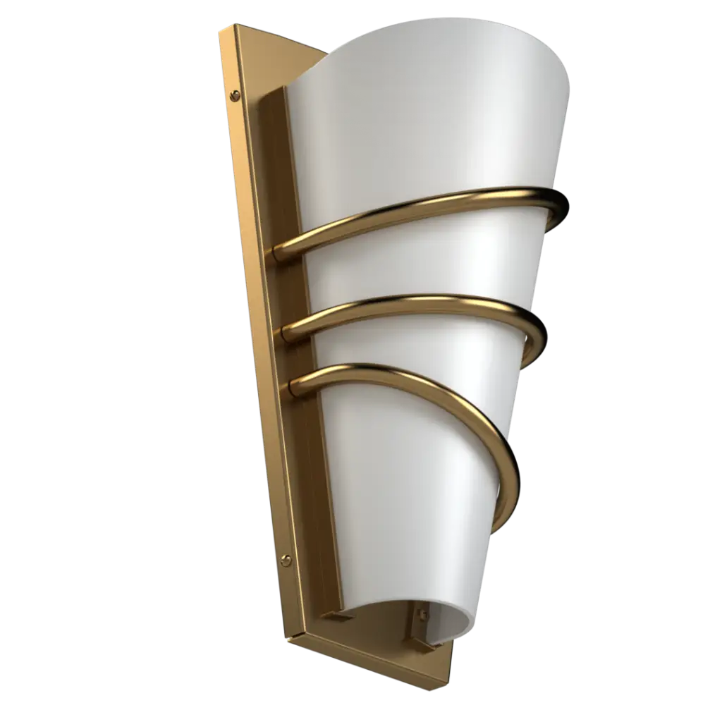Wall-mounted light fixture with white glass and gold metal frame on a white background
