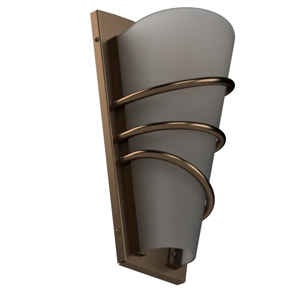 Wall-mounted light fixture with bronze frame and gray glass on a white background