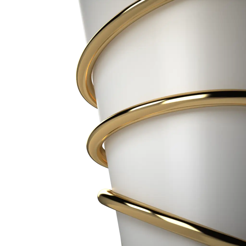 Close-up of a white vase with gold decorative elements on a white background