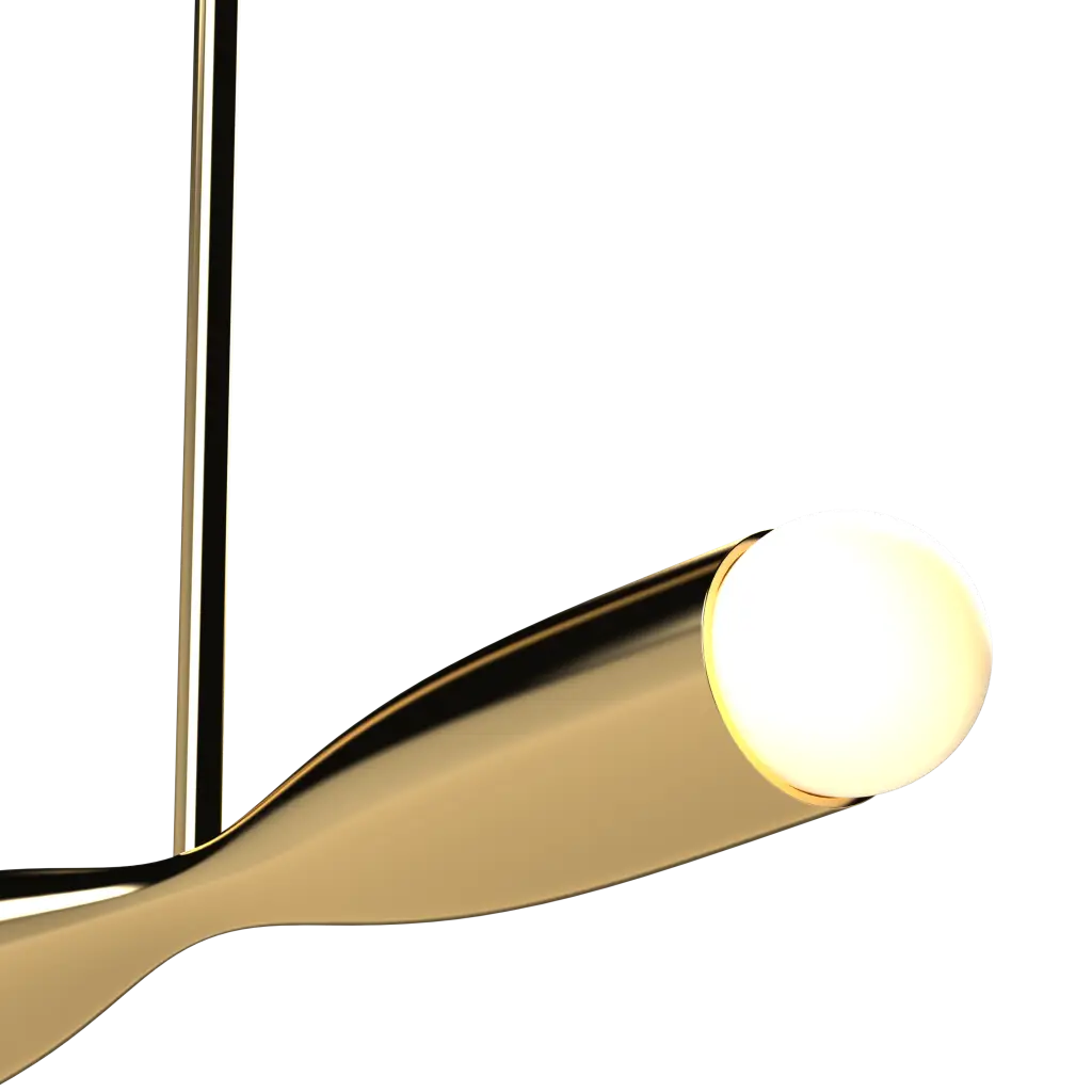 Modern pendant light with gold finish and white bulb on a white background
