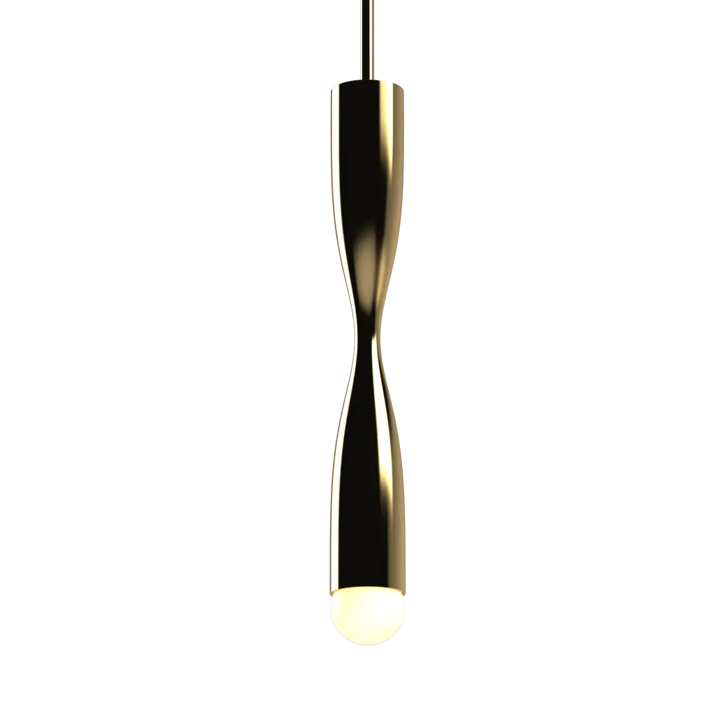 Modern pendant light with a gold finish on a white background