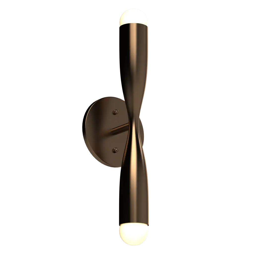 Modern wall sconce with a bronze finish on a white background