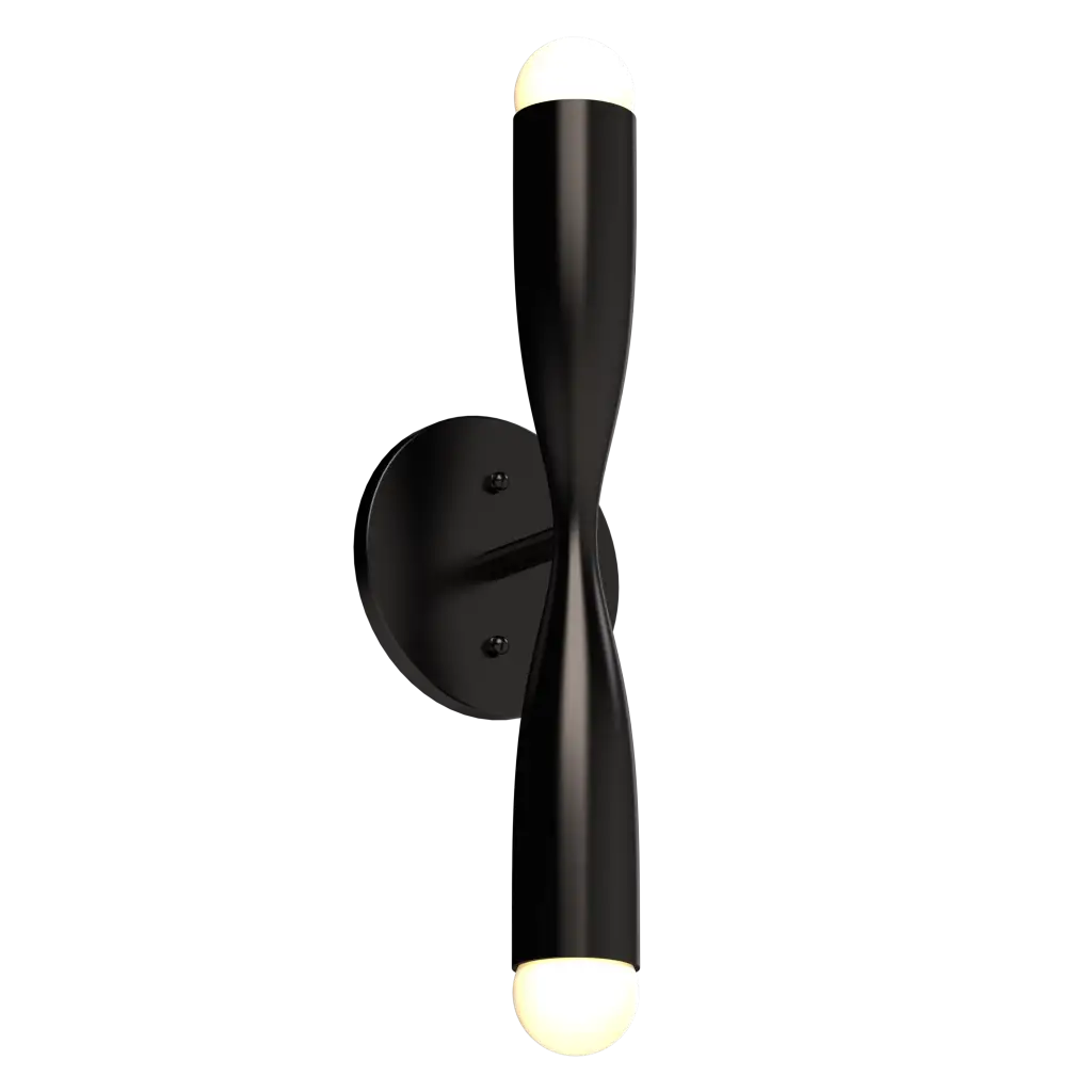 Modern black wall sconce with a single light bulb on a white background