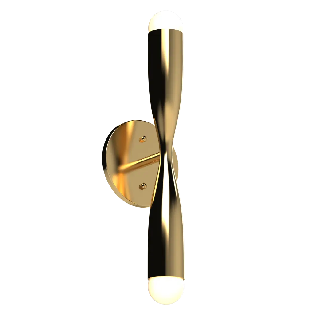 Gold wall sconce with a modern design on a white background