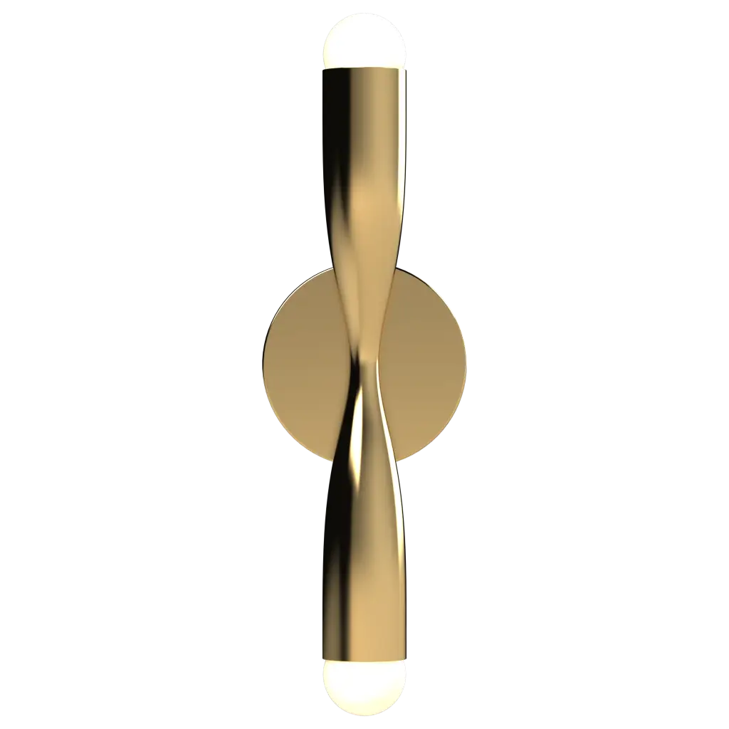 Gold wall sconce with a modern design on a white background