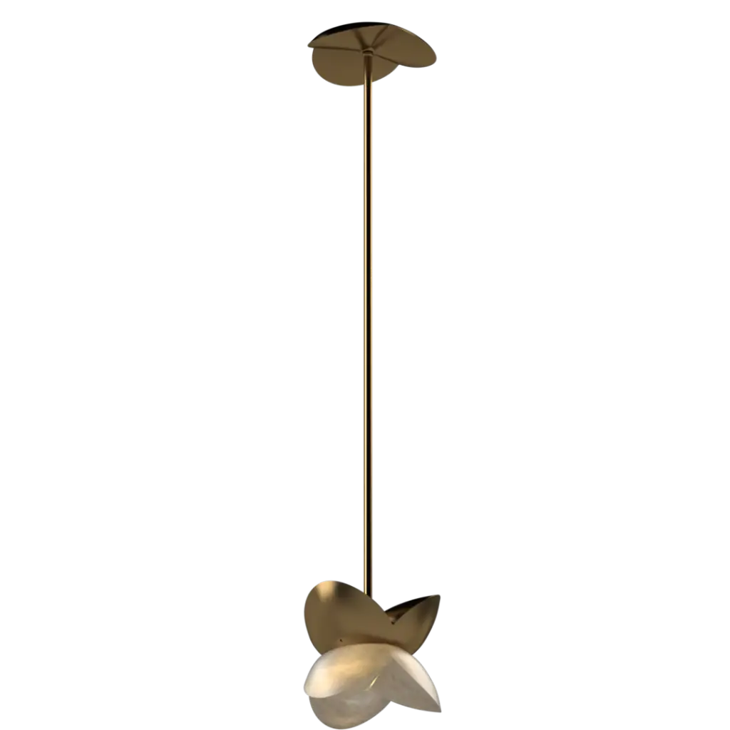 Gold pendant light with a unique design on a white background