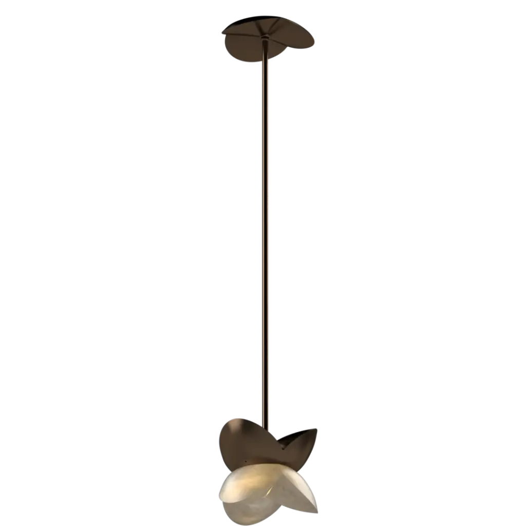 Modern pendant light with leaf-shaped design on a white background