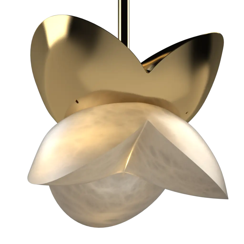 Gold and white pendant light fixture on a white background