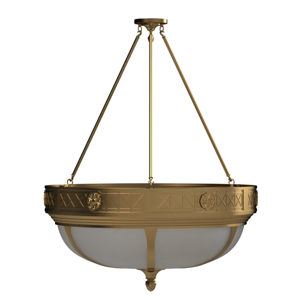 Decorative brass pendant light on a white background