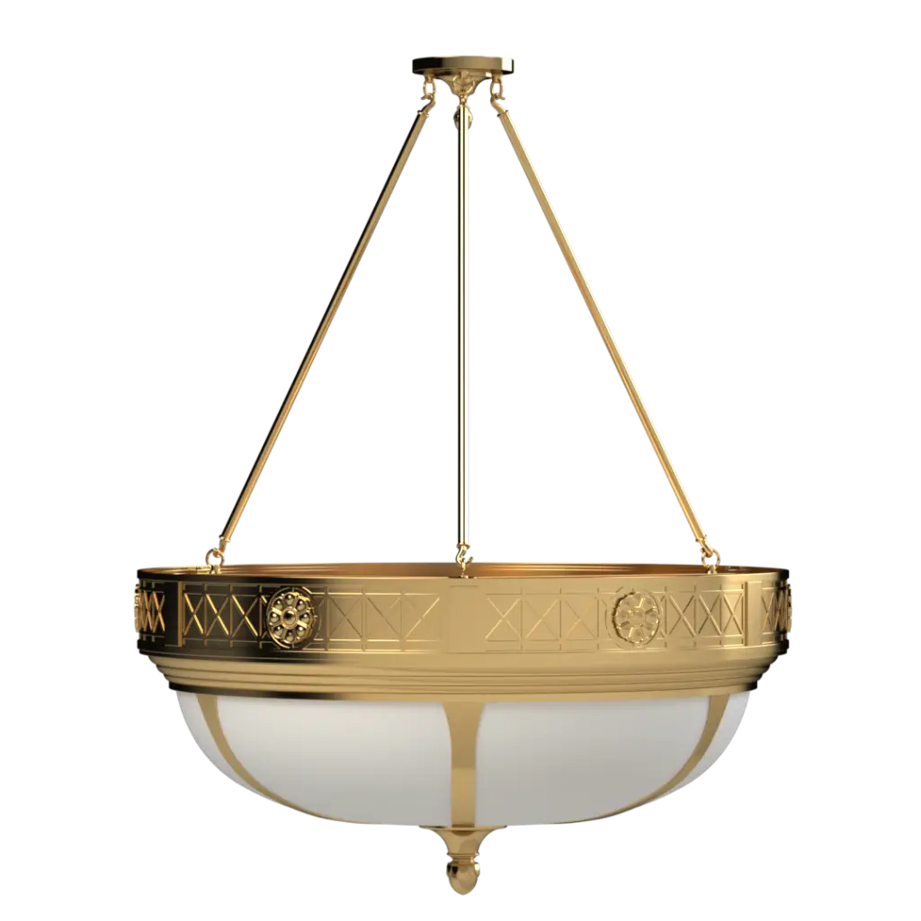 Gold pendant light fixture with white glass shade on a white background