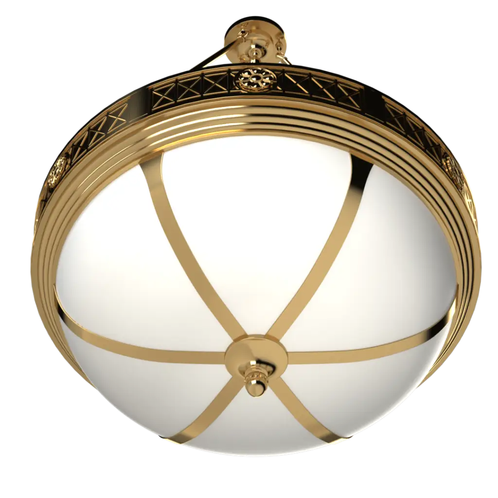 Decorative ceiling light fixture with gold frame and white glass on a white background