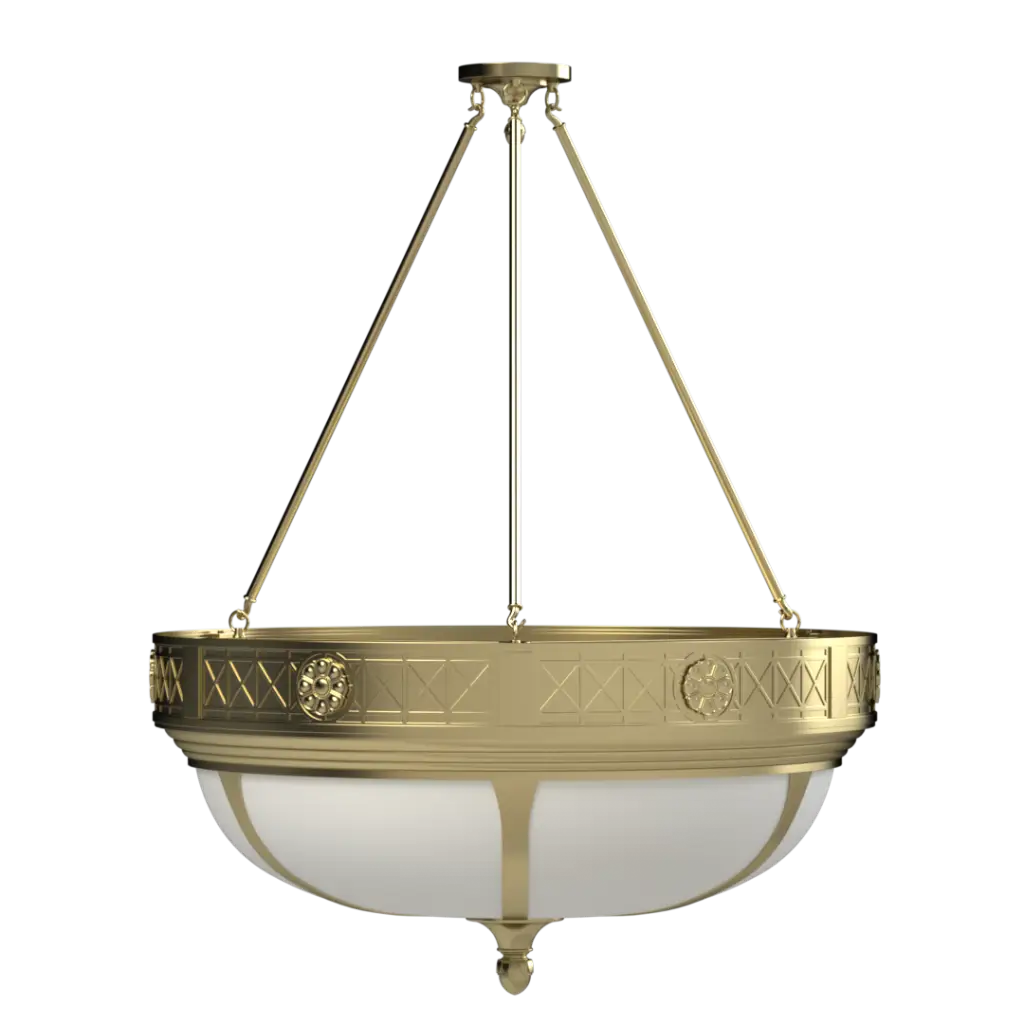 Decorative brass pendant light with white glass shade on a white background