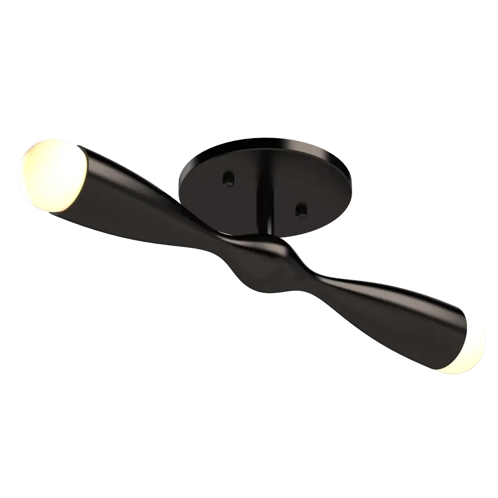 Modern black ceiling fixture with a single light bulb on a white background