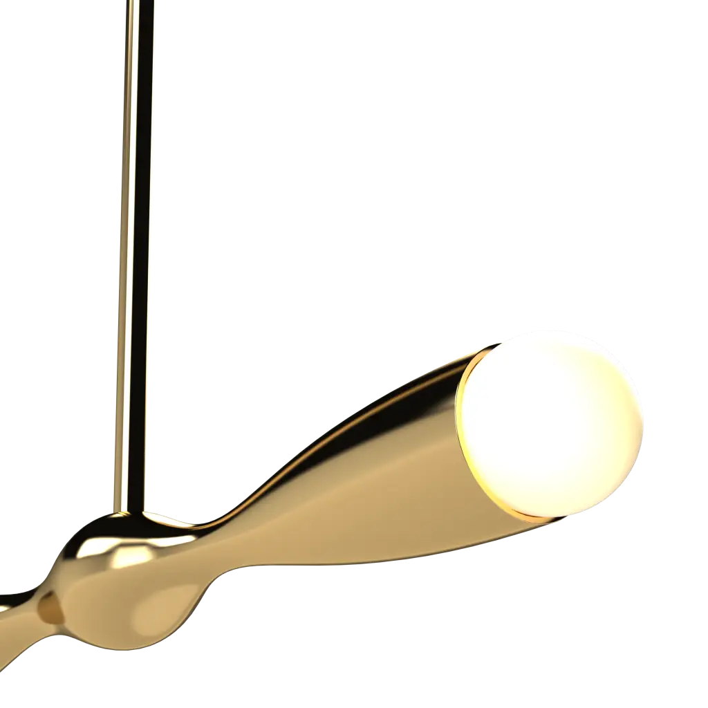 Gold pendant light with a spherical bulb on a white background