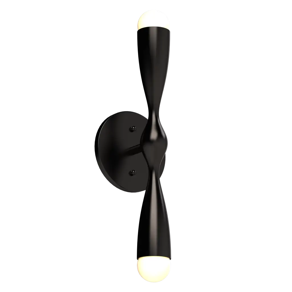 Modern black wall sconce with a twisted design on a white background