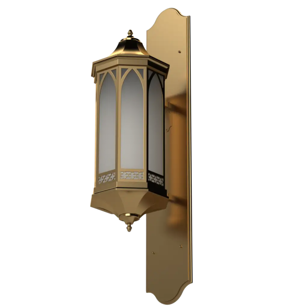 Gold outdoor wall light fixture on a white background