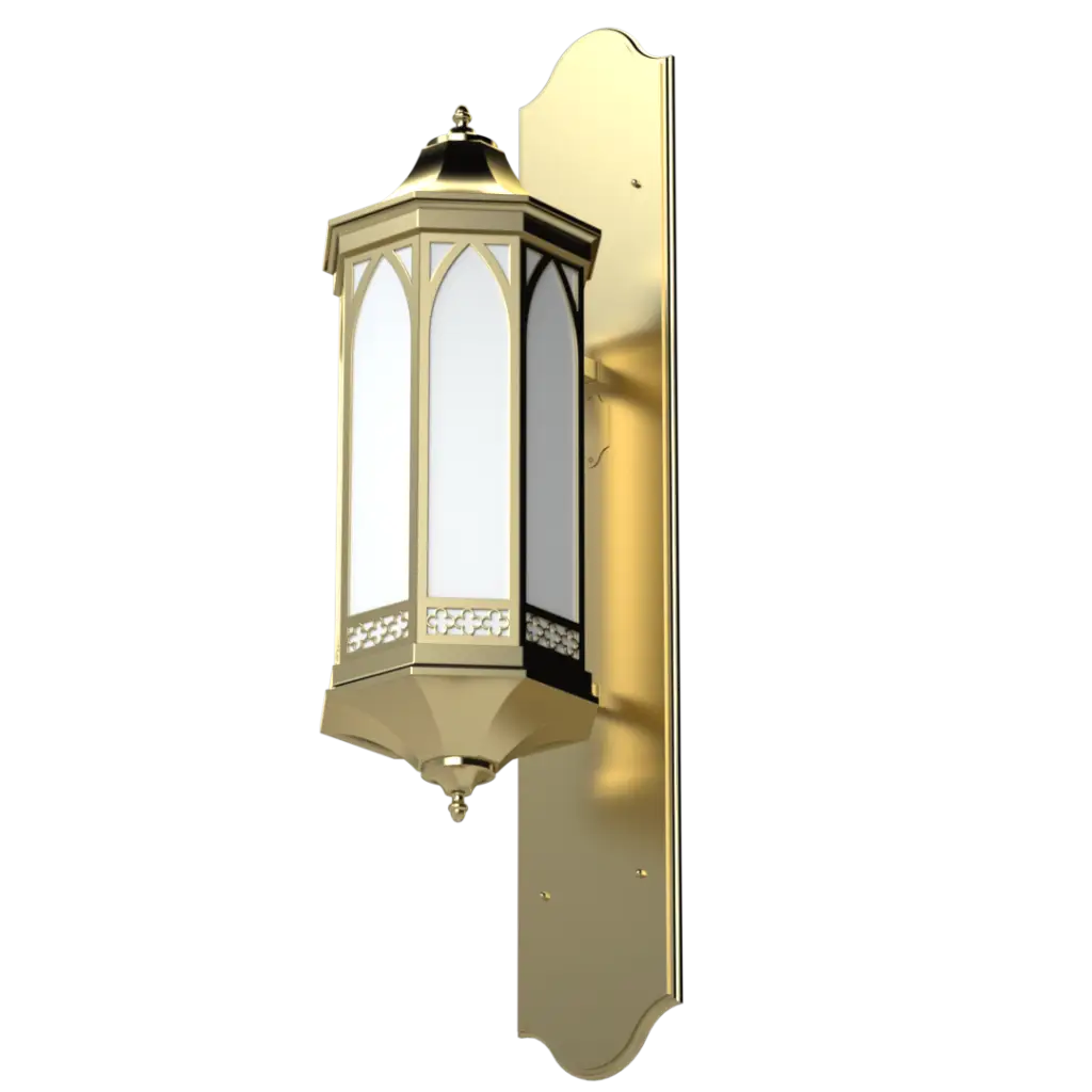 Gold outdoor wall light fixture on a white background