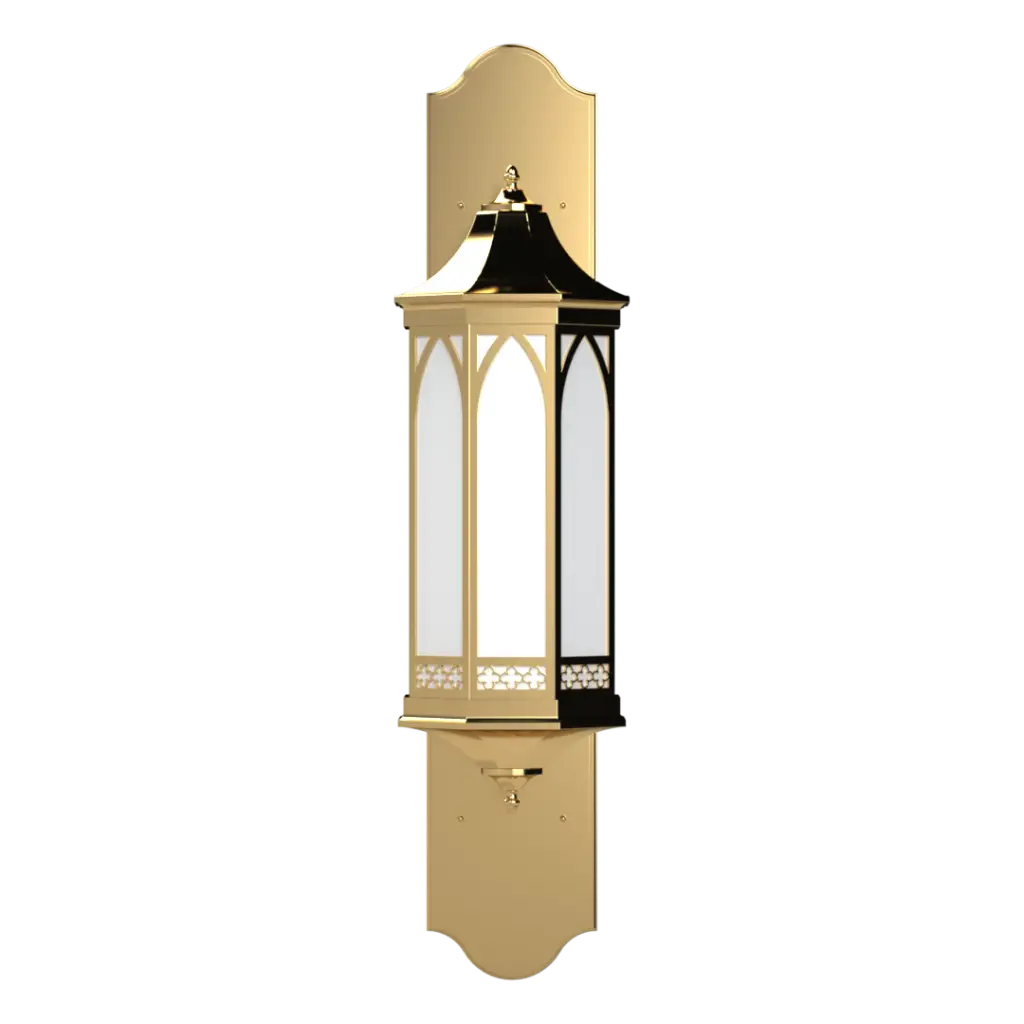 Decorative wall-mounted light fixture with gold and black design on a white background