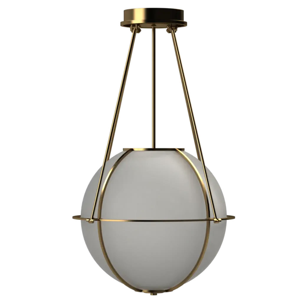 Pendant light with gold frame and white glass sphere on a white background