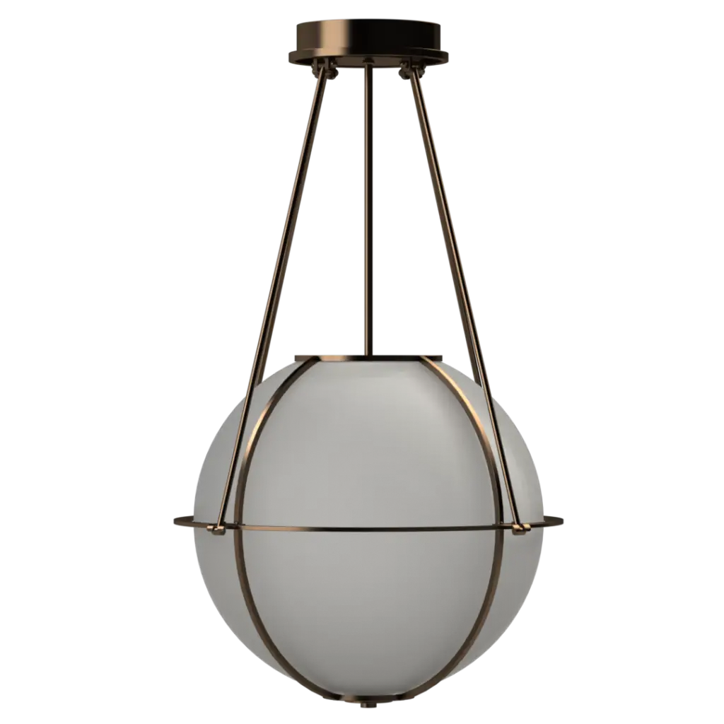 Pendant light with spherical glass shade and bronze metal frame on a white background