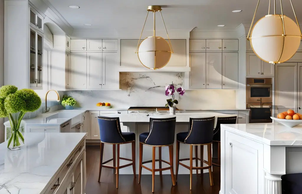 Modern kitchen with white marble countertops, stainless steel appliances, and decorative elements.