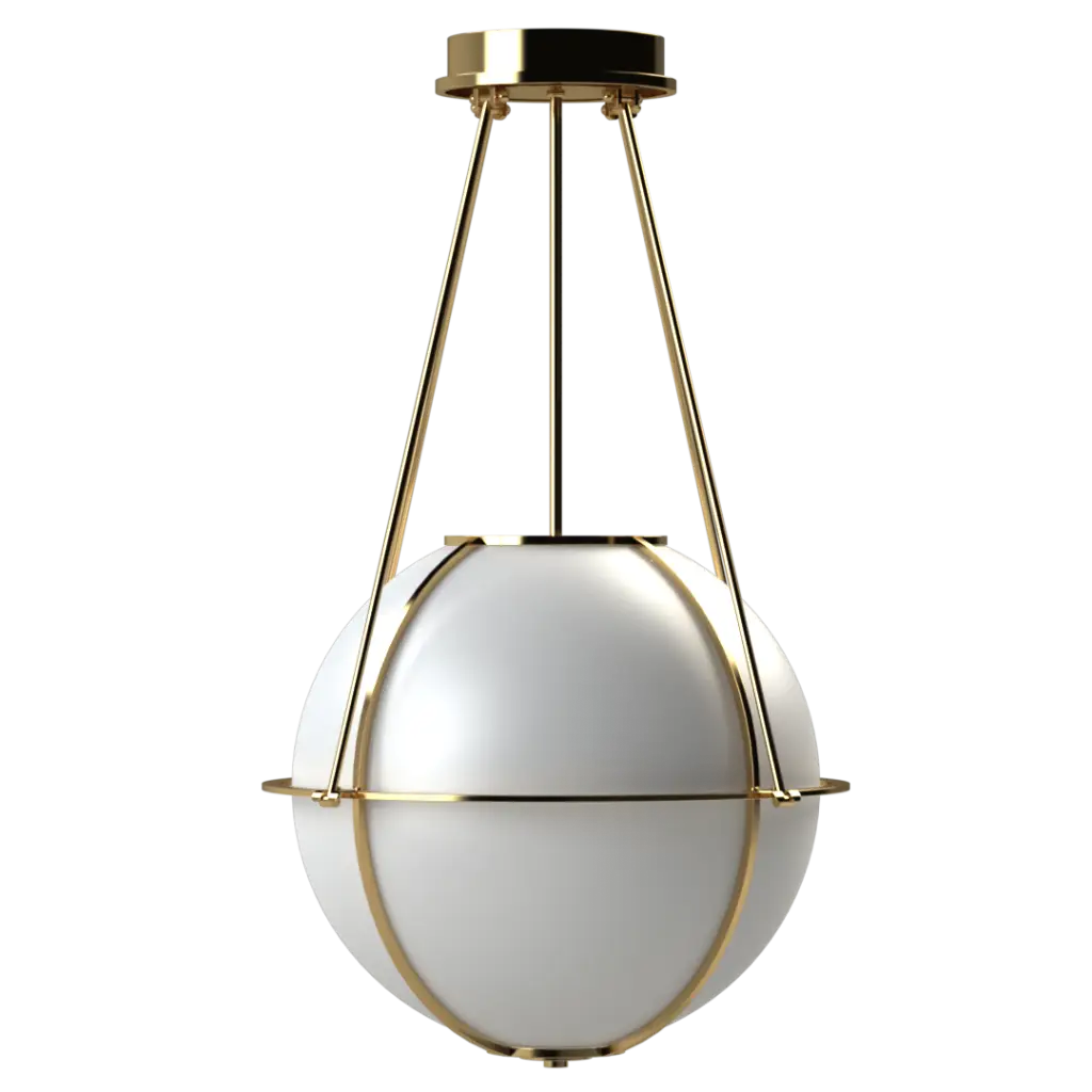 Modern pendant light with white globe and gold accents on a white background