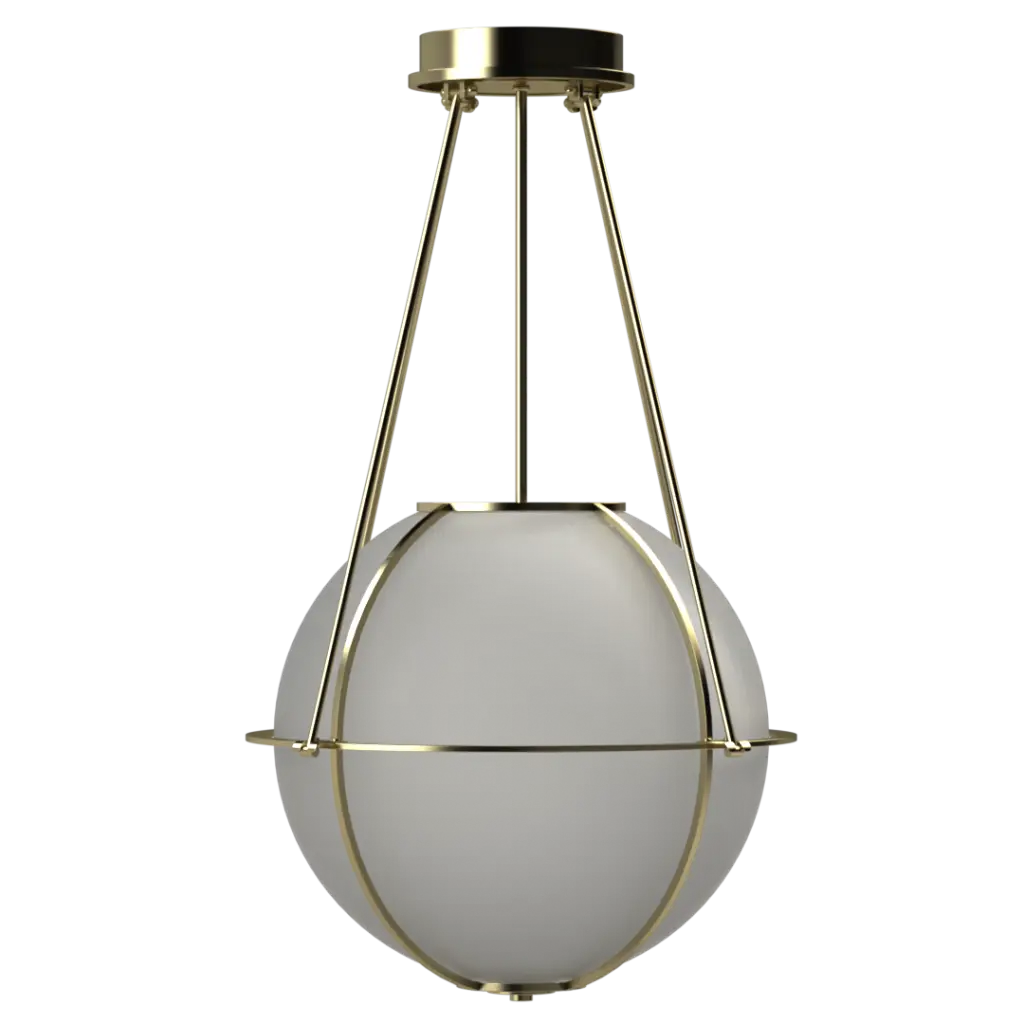Modern pendant light with spherical glass shade and brass accents on a white background