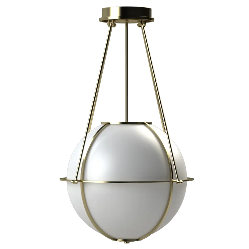 Modern pendant light with white globe shade and gold accents on a white background