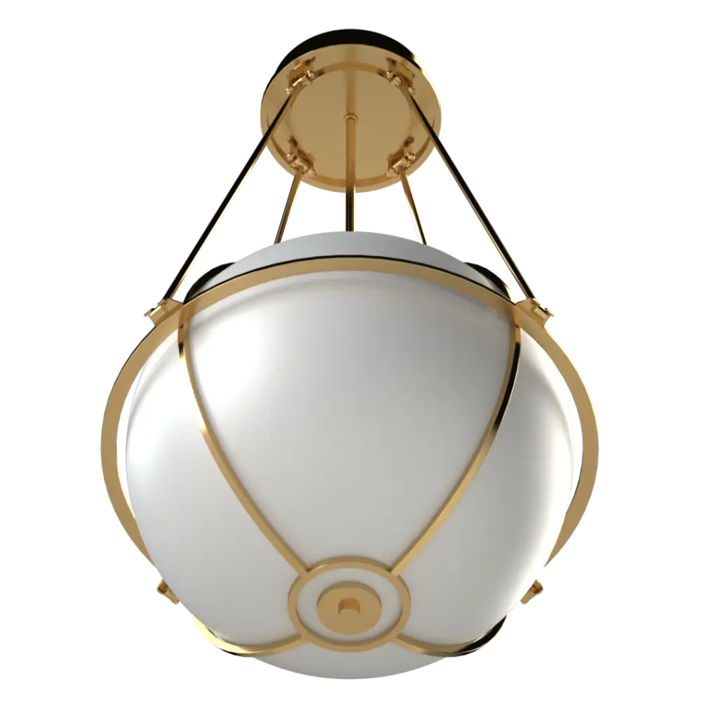 Ceiling light fixture with white glass shade and gold metal frame on a white background