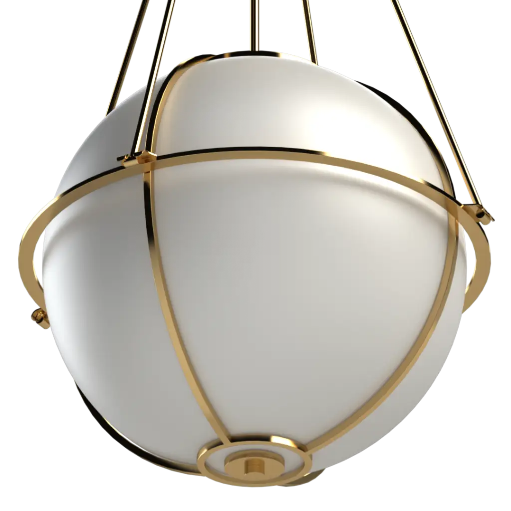 White spherical light fixture with gold accents on a white background