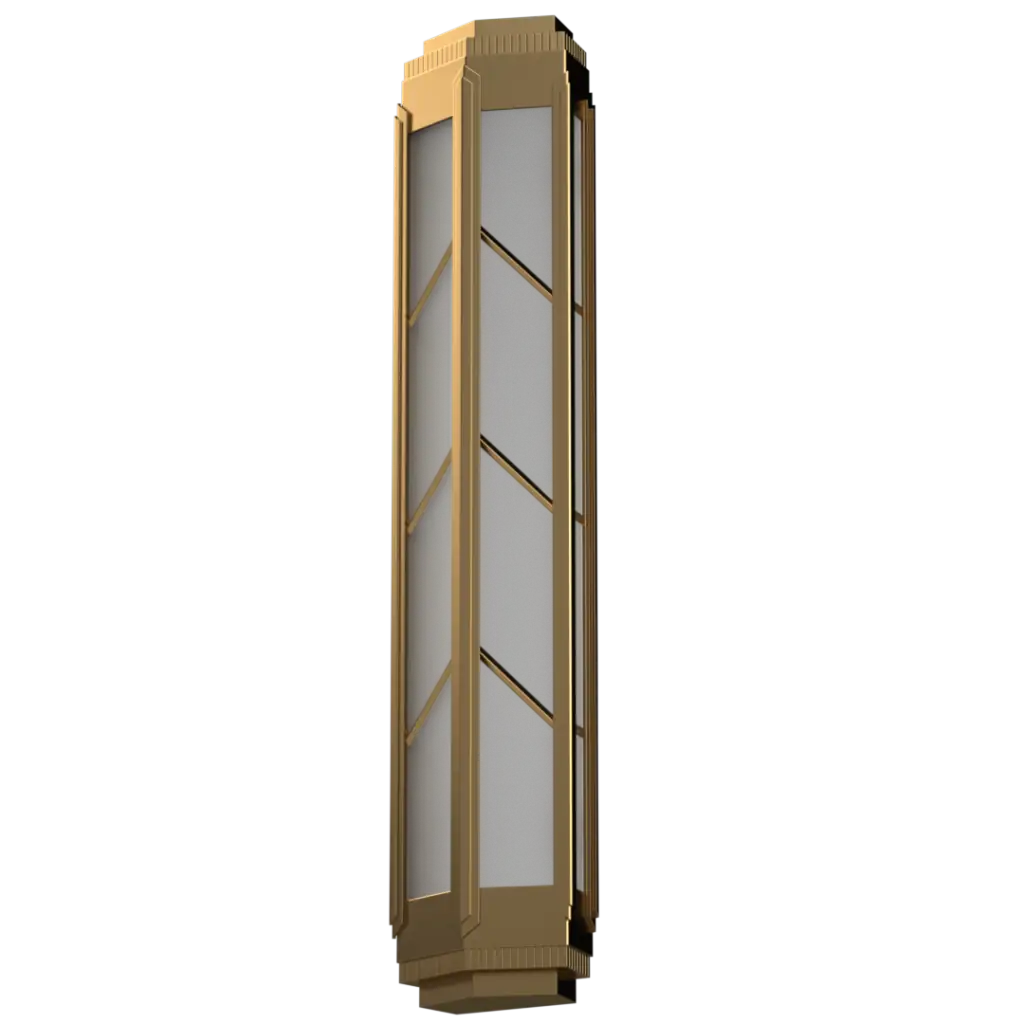 Tall rectangular light fixture with gold and glass design on a white background