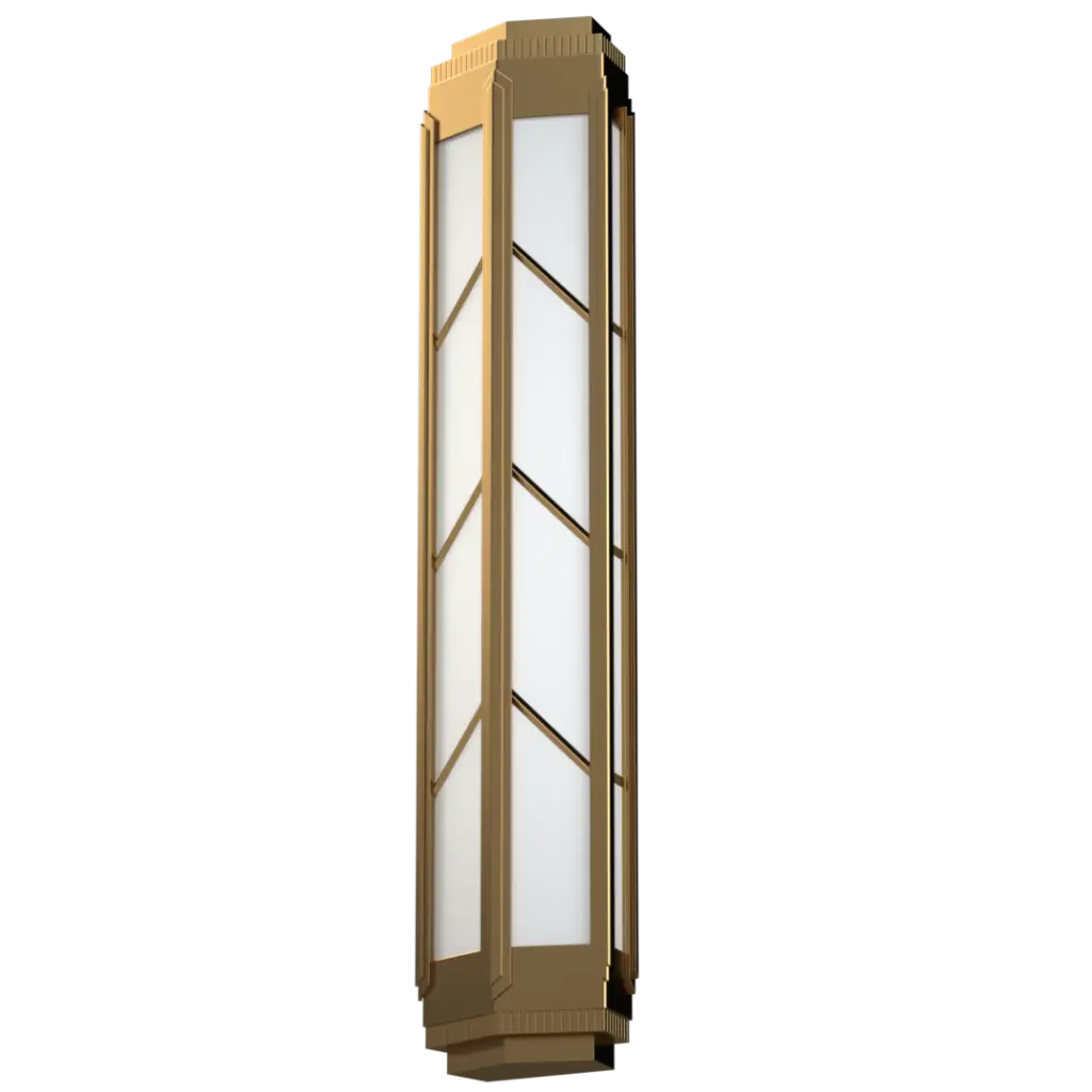Tall rectangular outdoor light fixture with gold frame and glass panels on a white background