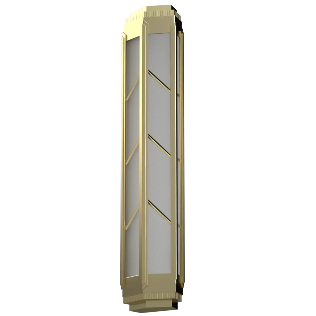 Tall rectangular object with gold frame and glass panels on a white background