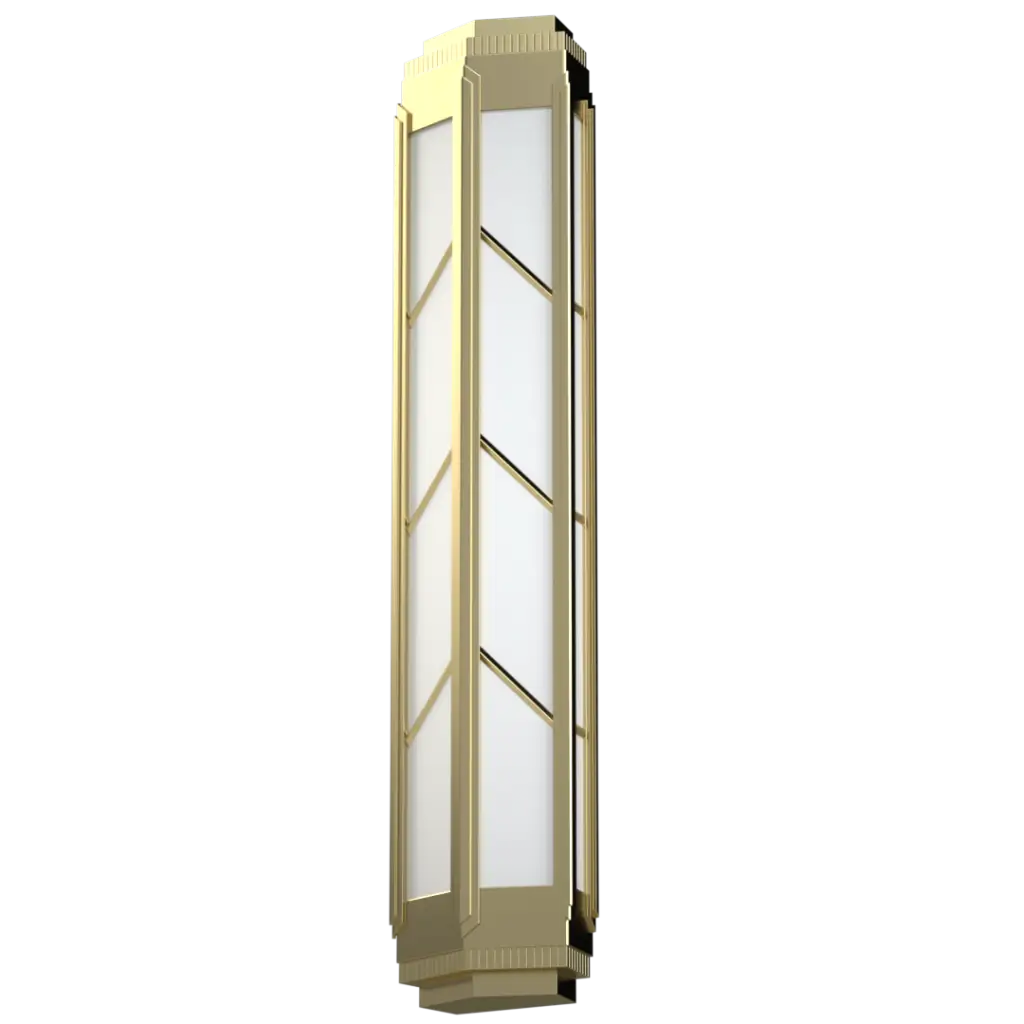 Decorative wall sconce with gold frame and glass panels on a white background