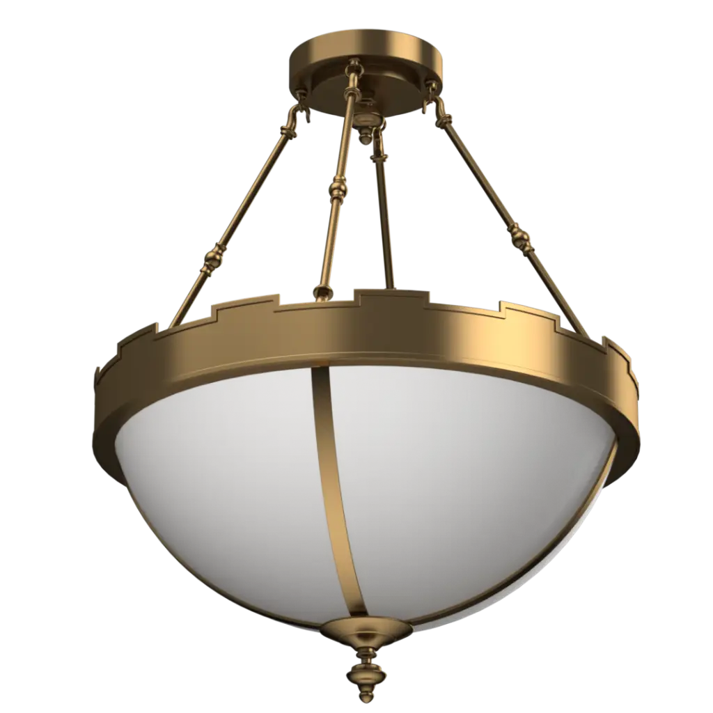 Gold ceiling light fixture with white glass on a white background